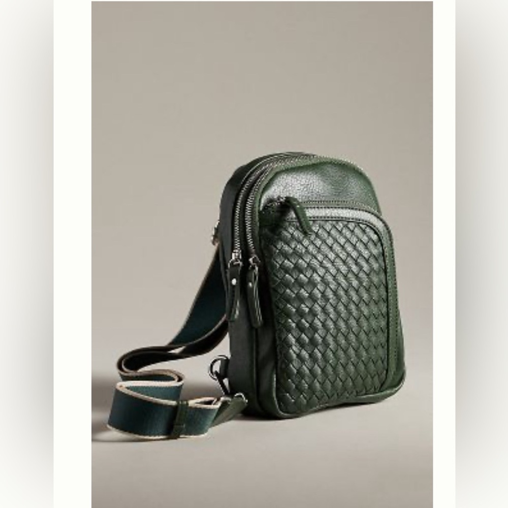 Anthropologie Dark Green Woven Leather Crossbody Bag
